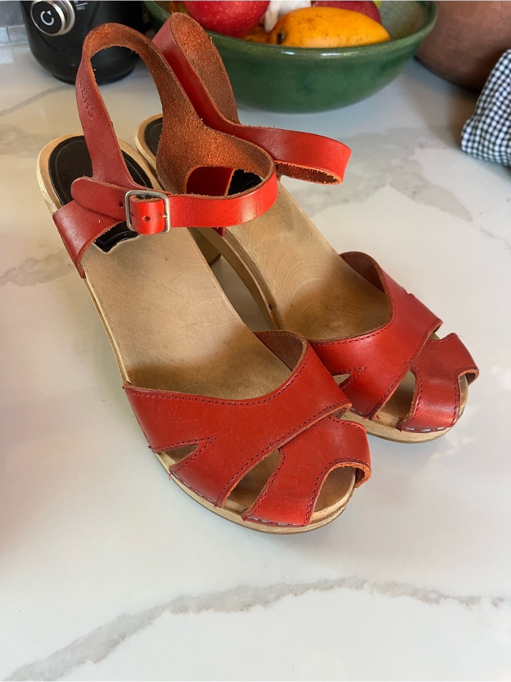 Swedish Hasbeens Red Leather Peep-Toe Wedge Sandals size 38